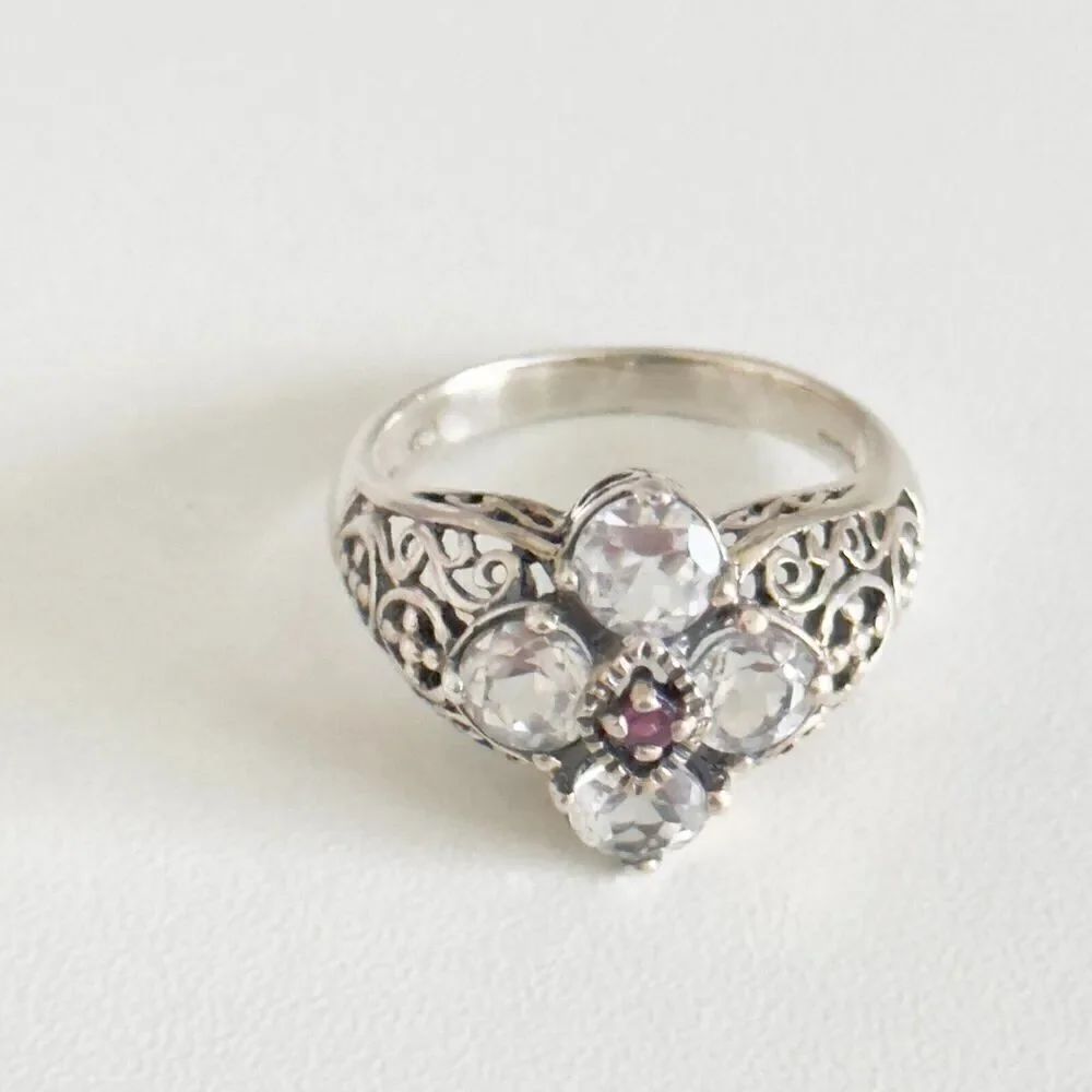 CNA Designer 925 Sterling Silver White Topaz & Ruby Filigree Flower Ring Size 8